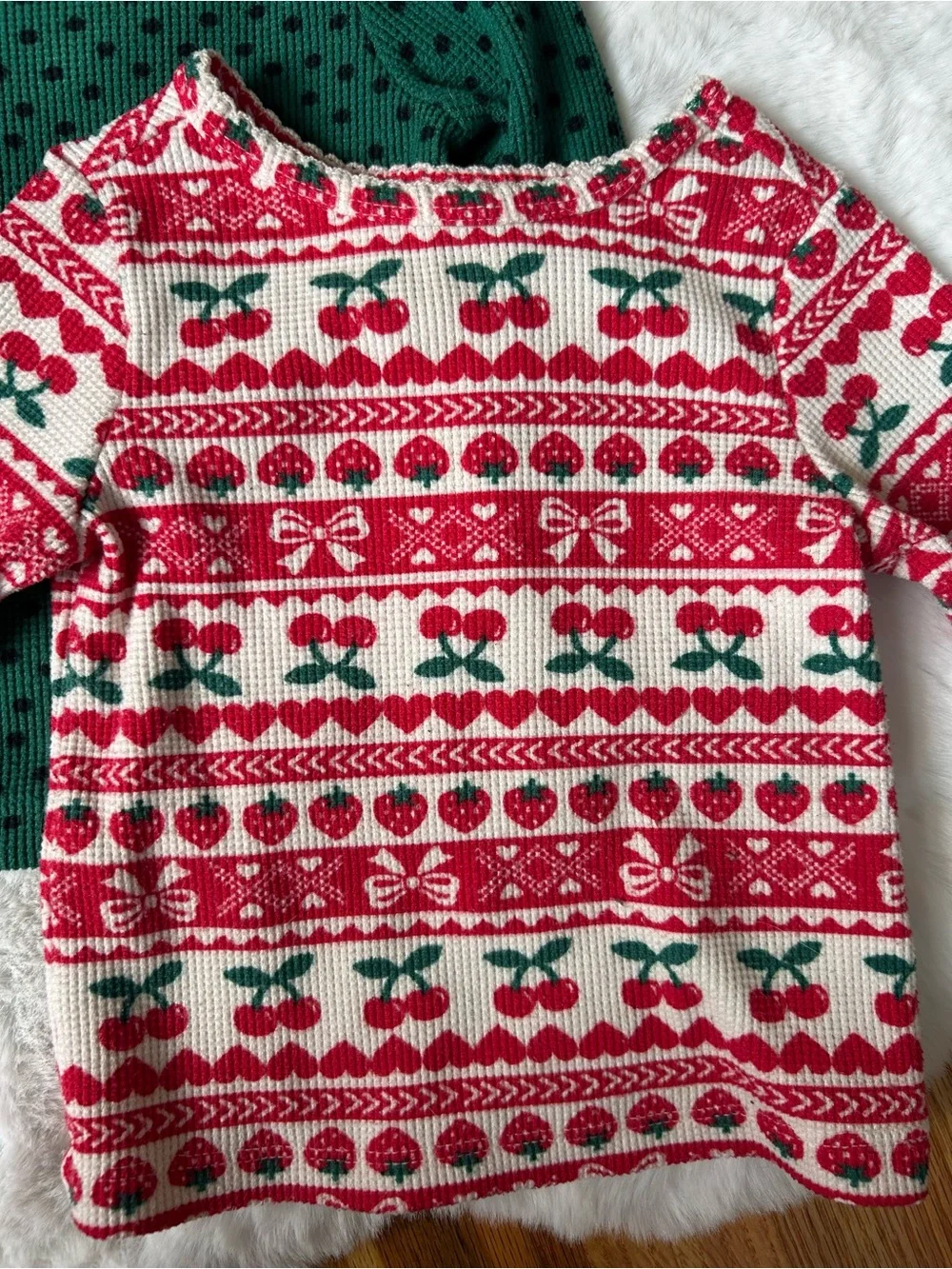 Old Navy Polka Dot & Cherry Bow Print Waffle Knit Lattice Trim Tops 12-18 MOS